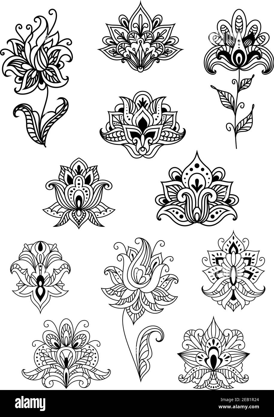 Fleurs noires profilées vintage de style cachemire décorées de l'ethnie traditionnelle éléments ornementaux adaptés à la conception textile stylisée orientale Illustration de Vecteur
