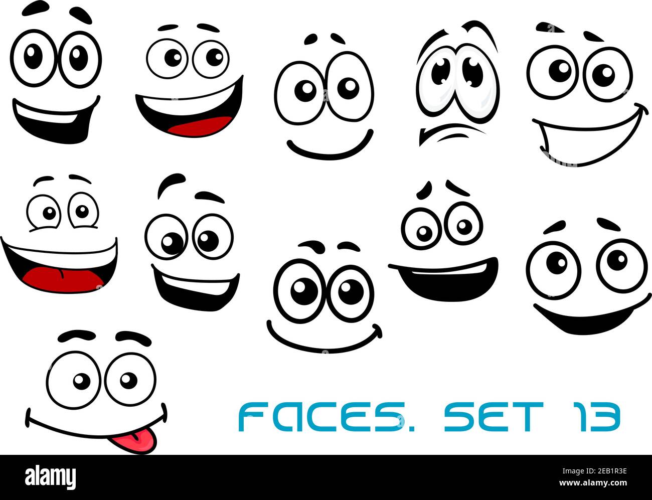 Jolis visages émotionnels de dessin animé avec des sourires, timides, taquineux et tristes isolés sur fond blanc pour les bandes dessinées ou le dessin d'avatar Illustration de Vecteur