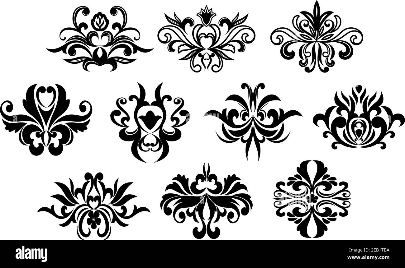 Les silhouettes de fleurs noires stylisées sont composées de feuilles pointues et bouclés et curligues isolés sur fond blanc pour une invitation élégante ou message d'accueil ca Illustration de Vecteur