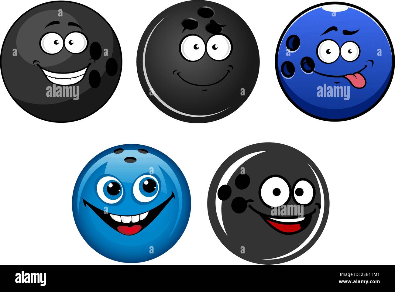 Drôle bleu et noir brillant boules de bowling personnages de dessin animé avec happy faces adaptées à la conception d'une mascotte d'équipe Illustration de Vecteur Drôle bleu et noir brillant boules de bowling personnages de dessin animé avec happy faces adaptées à la conception d'une mascotte d'équipe Illustration de Vecteur