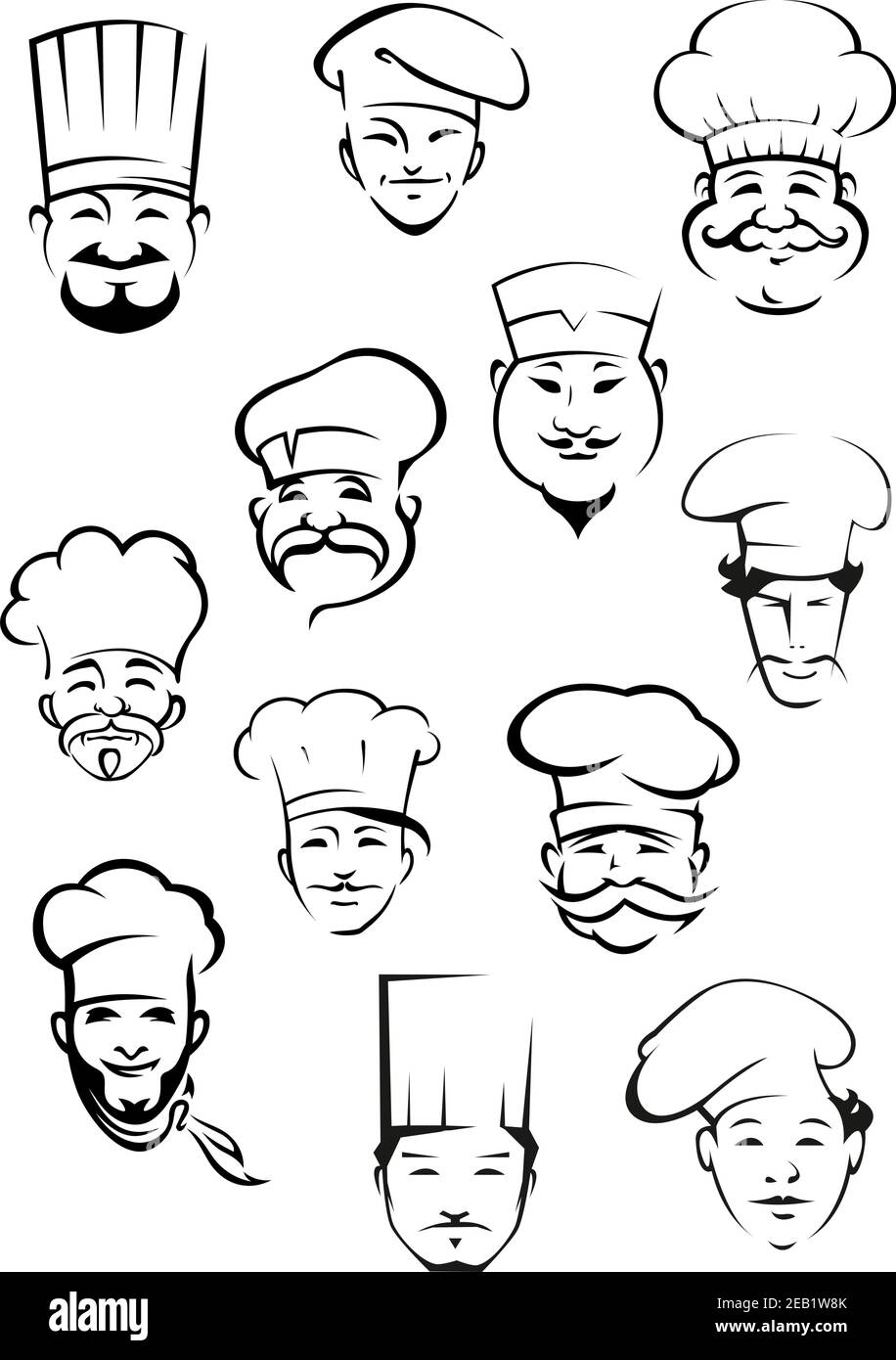 Portraits de chefs professionnels montrant des sourires multiethniques mûrs et jeunes moustachés hommes dans des toques traditionnelles pour le personnel de cuisine ou de restaurant desi Illustration de Vecteur