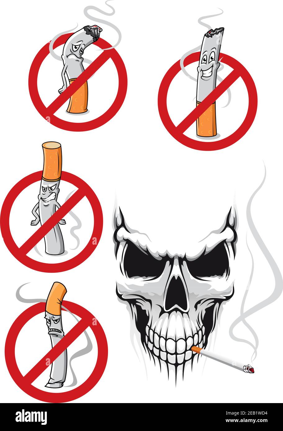 Fumer tue et ne pas fumer des concepts dans le style de dessin animé avec cigarettes dans les signes d'interdiction et crâne effrayant avec la cigarette pour concept de soins de santé des Illustration de Vecteur