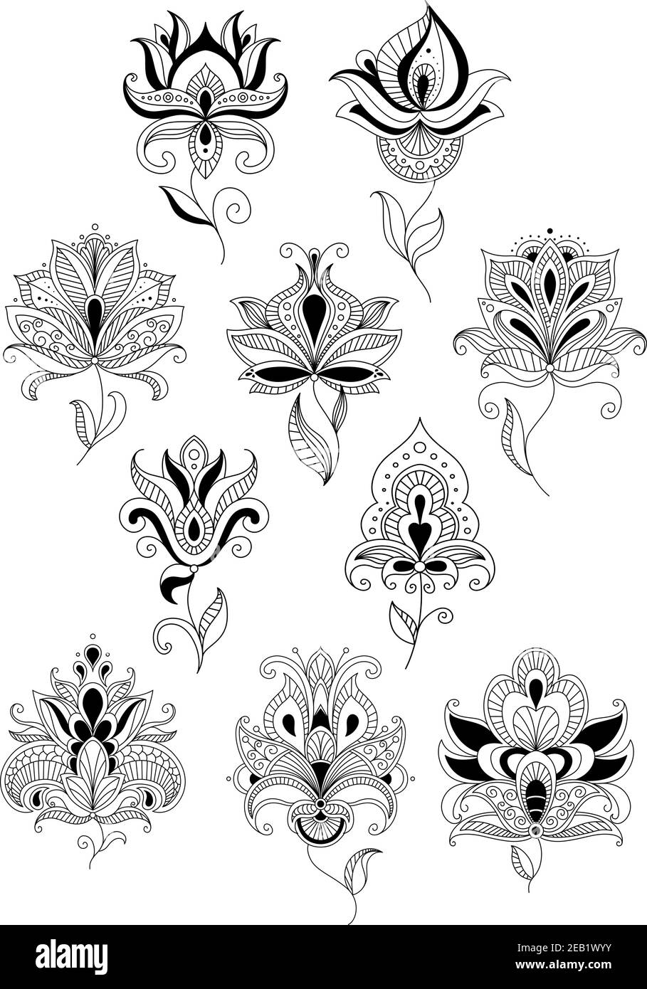 Abstrait openwork turc stylisé fleurs avec pétales luxuriants et feuilles obliques sur des tiges fragiles de billowy pour les remplissages de fond ou déf. textile Illustration de Vecteur