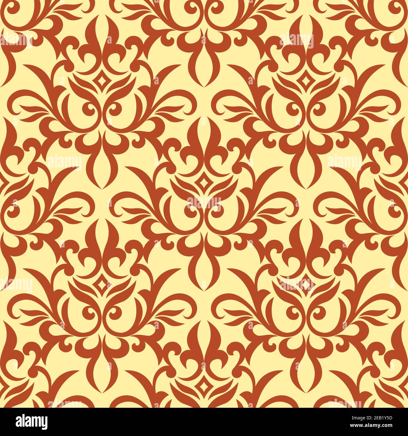 Feuillage rétro orange damask e motif sans couture avec des fleurs bouclés sur fond jaune pour le papier peint ou la moquette Illustration de Vecteur