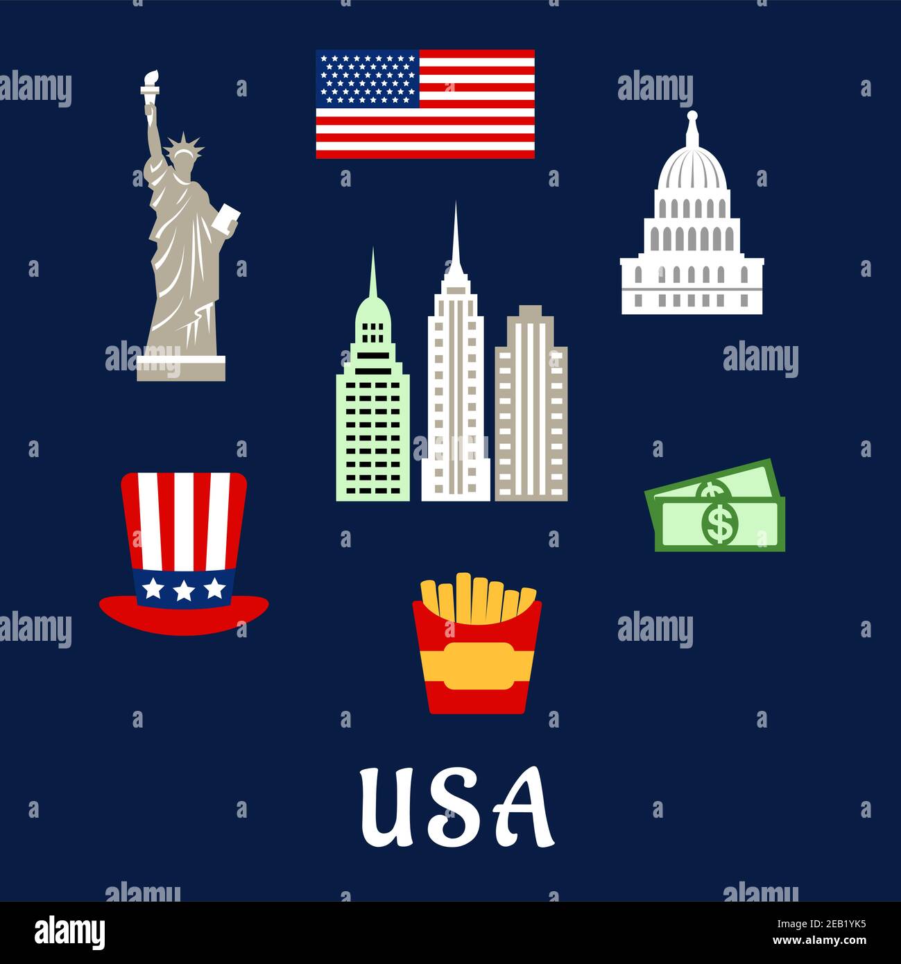 Les symboles américains voyagent à plat concept représentant le drapeau  national des États-Unis, la statue de la liberté, le bâtiment du Capitole,  les gratte-ciels, étoile et rayures chapeau, dollars Image Vectorielle  Stock -