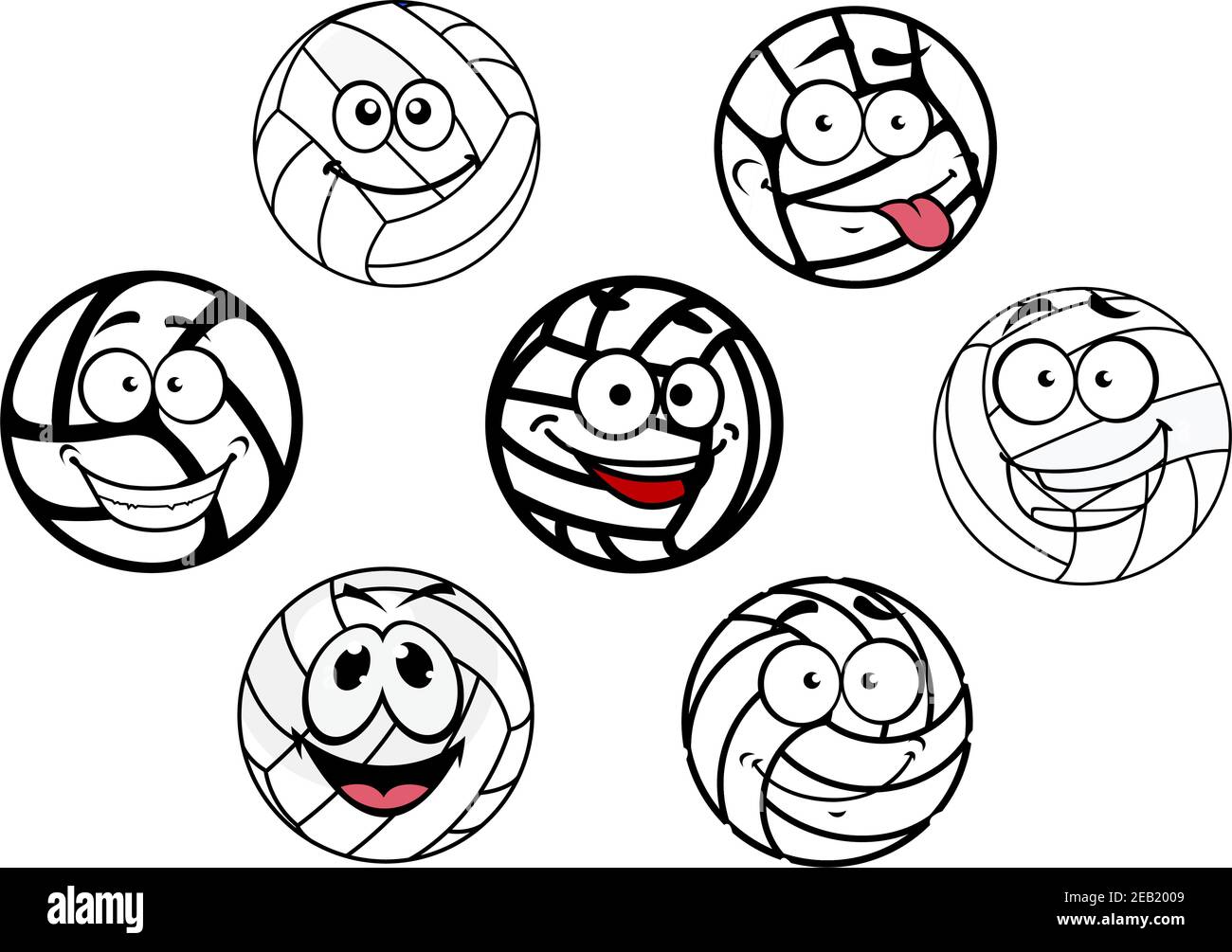 Drôle de dessin animé balles de volley blanc avec des visages heureux mignon pour design sportif Illustration de Vecteur