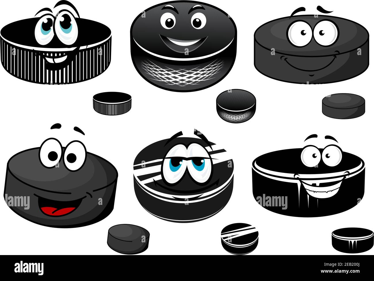 Rondelles en caoutchouc noir de hockey sur glace, personnages de dessin animé souriants visages pour mascotte de sport Illustration de Vecteur