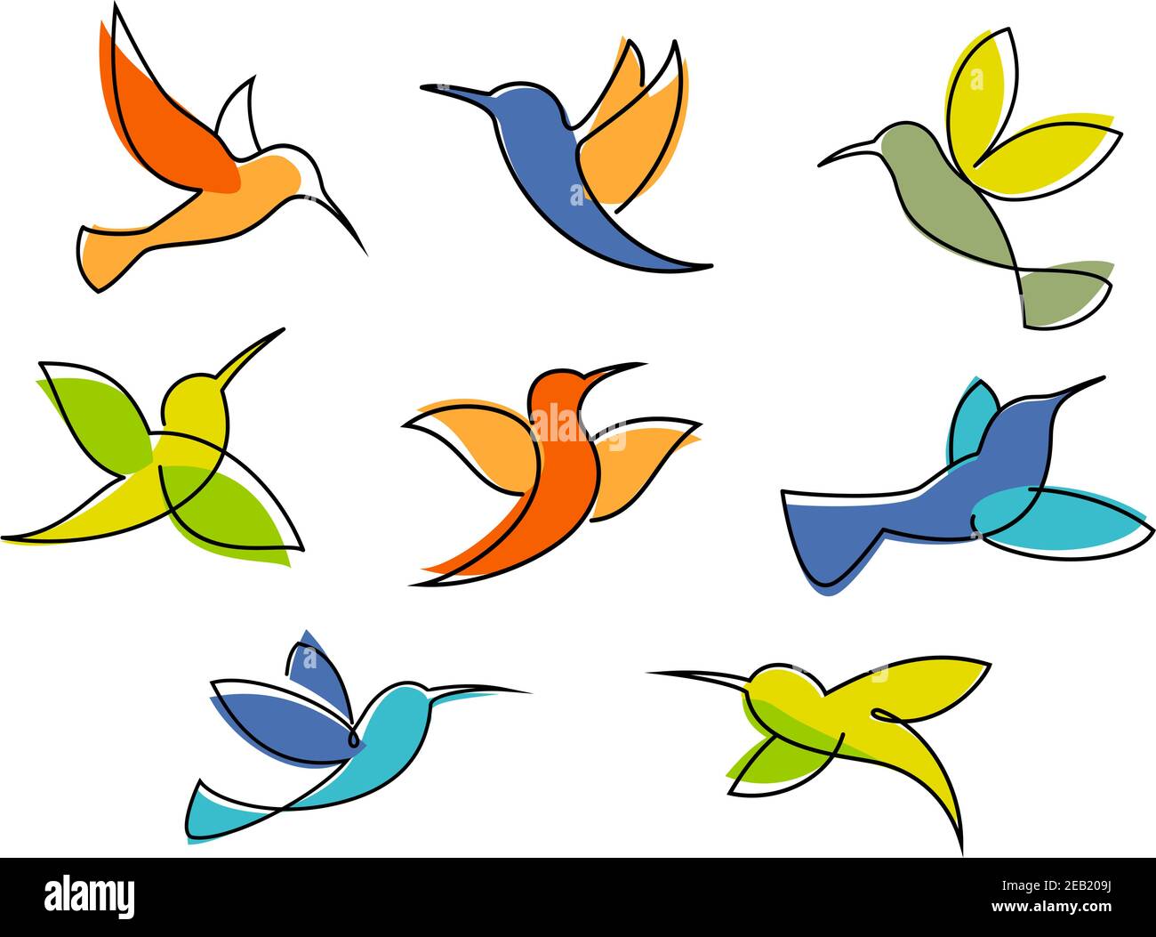 Symboles d'colibris colorés dans différentes poses pour le logo d'entreprise ou emblème en forme d'esquisse sur un fond blanc Illustration de Vecteur