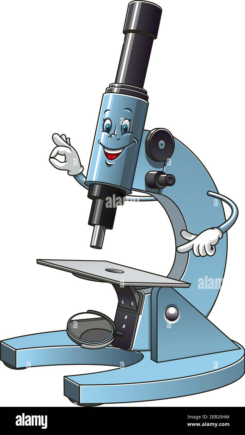 Personnage de mascotte de microscope souriant de dessin animé pointant vers la lame de spécimen et Affiche OK pour l'équipement de laboratoire ou la conception de concept d'école Illustration de Vecteur