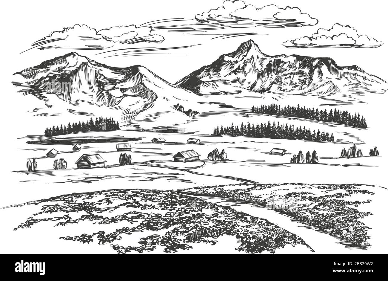 jour d'été, village alpin dans les montagnes, paysage, dessin à la main vecteur illustration croquis réaliste Illustration de Vecteur