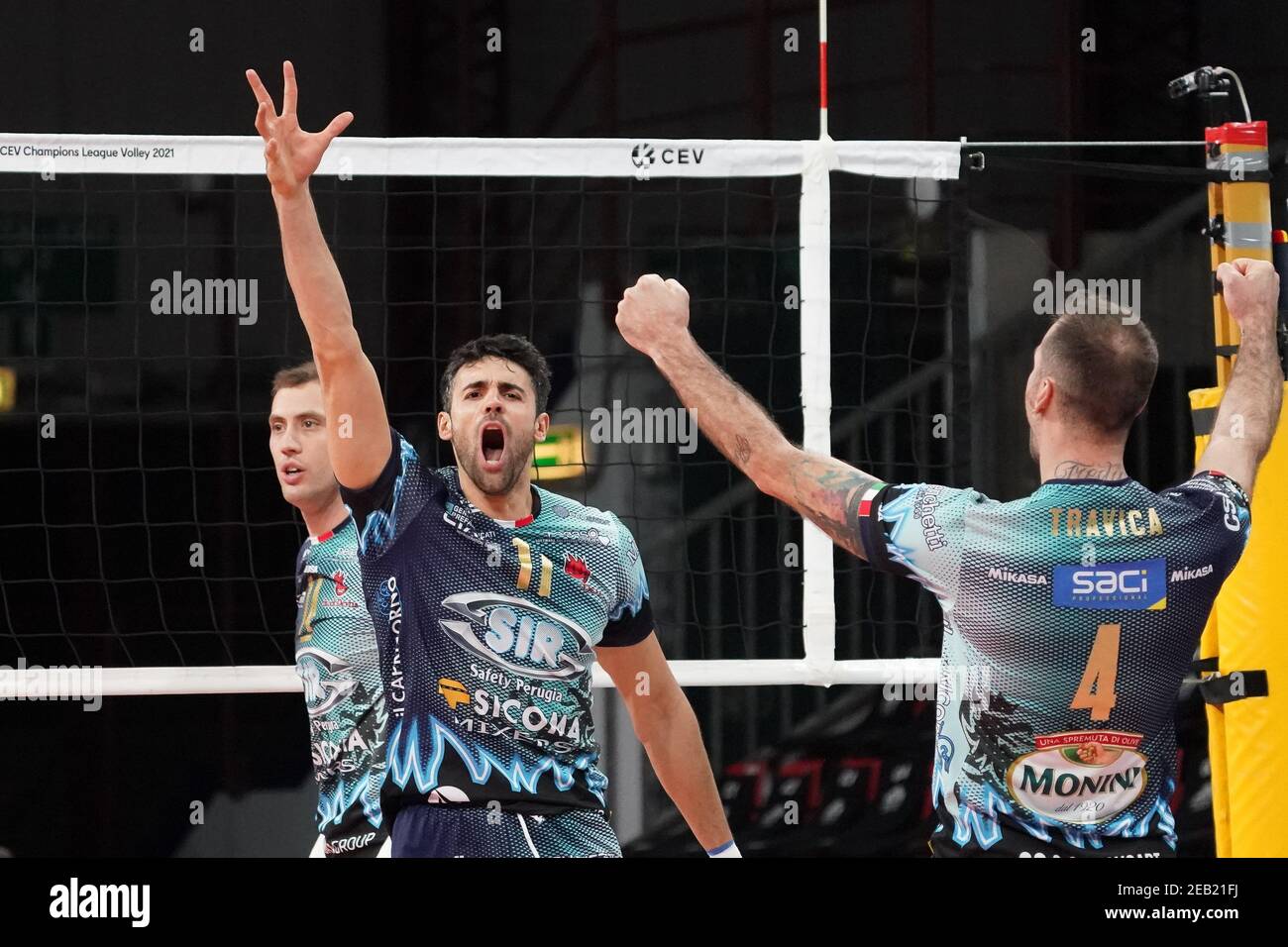 Pérouse, Italie. 11 février 2021. 2/11/2021 - Sole' sebastian (n.11 bloqueur intermédiaire de sécurité de monsieur conad perugia) esulkta pendant Tours VB contre Sir Sicoma Monini Perugia, CEV Champions League volley-ball match à Perugia, Italie, février 11 2021 (photo par IPA/Sipa USA) crédit: SIPA USA/Alay Live News Banque D'Images