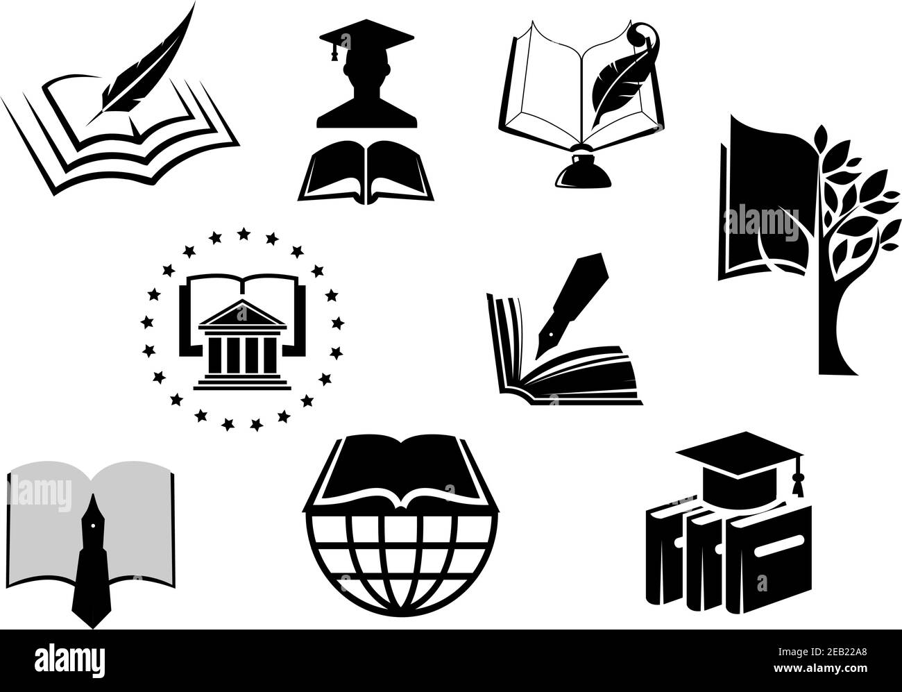 Icônes d'éducation ou de connaissances en noir et blanc avec des livres ouverts avec des stylos, des pointes, des plumes de quill, un chapeau de plateau de mortier et un diplômé dans une casquette et une robe Illustration de Vecteur