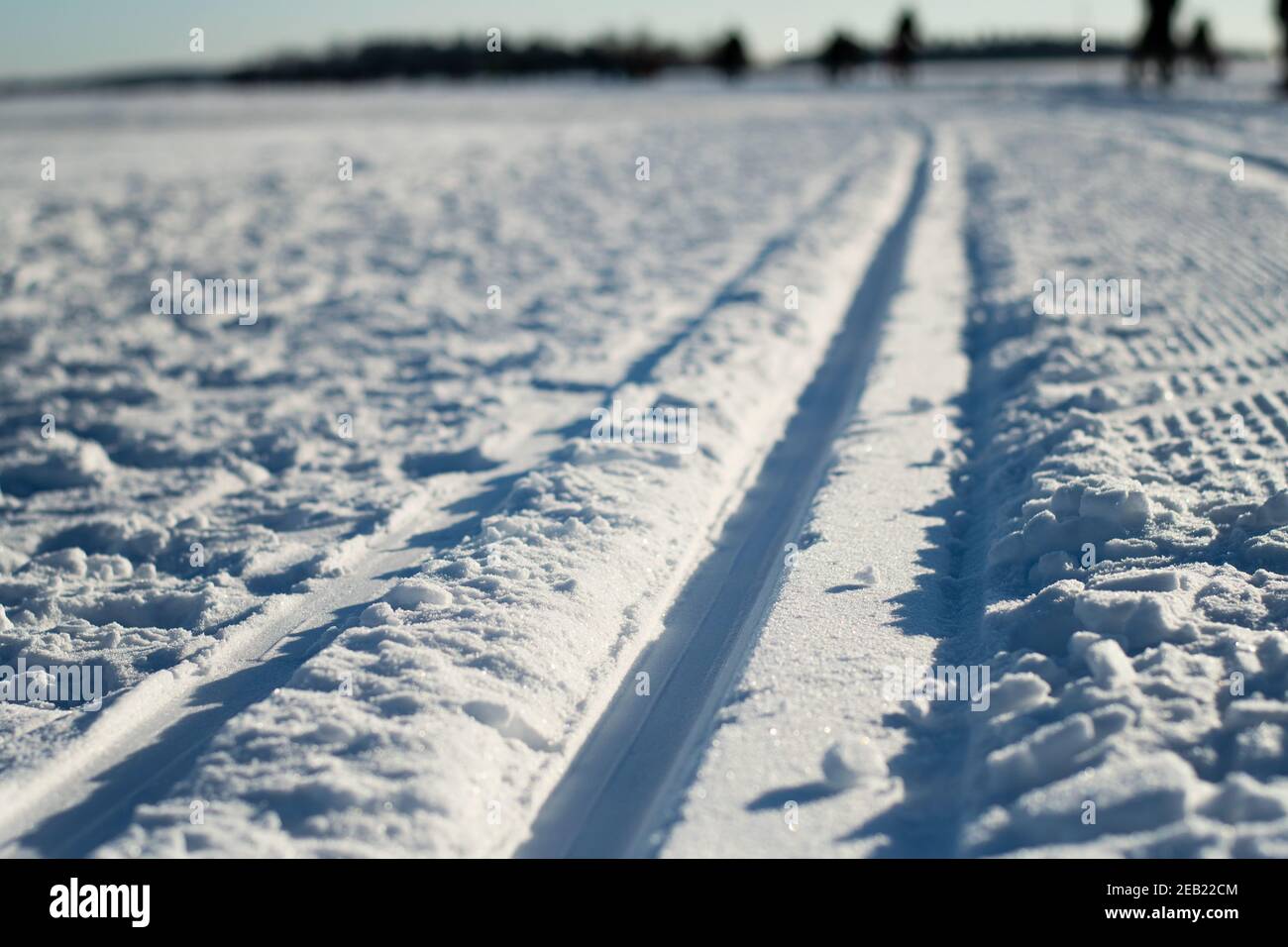 Journée d'hiver ensoleillée avec pistes de ski de fond et piste préparées dans la neige. Banque D'Images