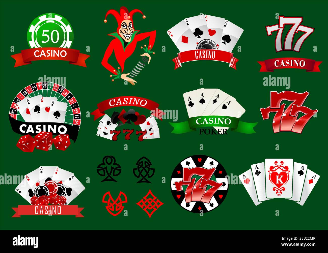 Ensemble d'icônes et d'emblèmes de casino colorés avec cartes à jouer, joker, jetons, 777 numéros chanceux et bannières assorties, illustration vectorielle Illustration de Vecteur