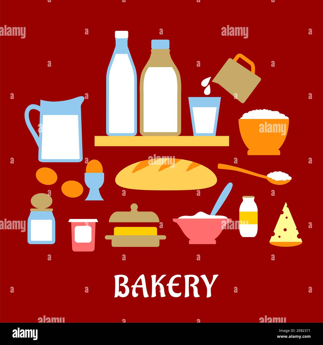 Concept de boulangerie avec les ingrédients de la pâte, y compris les contenants de beurre, de sel, de lait de sucre, d'oeufs, et de fromage autour d'un pain blanc Illustration de Vecteur
