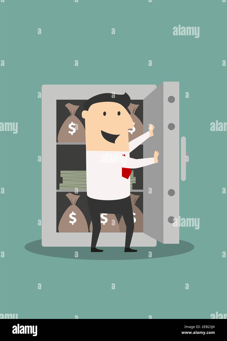 Joyeux homme d'affaires souriant ouvrant la porte lourde du coffre-fort en métal avec des sacs d'argent et des piles de dollars dans le style de dessin animé plat, pour la sécurité ou con Illustration de Vecteur