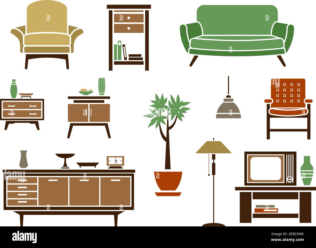 Décoration intérieure plate et mobilier icônes ensemble avec chaise, armoire, lit, lampe, commode, table de nuit et TV Illustration de Vecteur