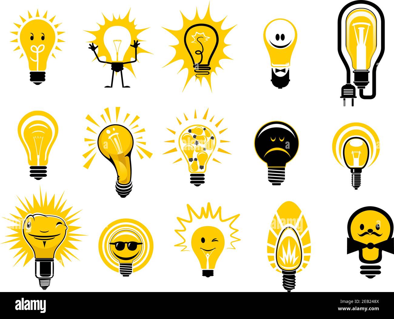 Ampoules lumineuses icônes de style dessin animé montrant des lampes à filament électrique avec lumière jaune vif, isolé sur fond blanc, pour l'idée créative o Illustration de Vecteur