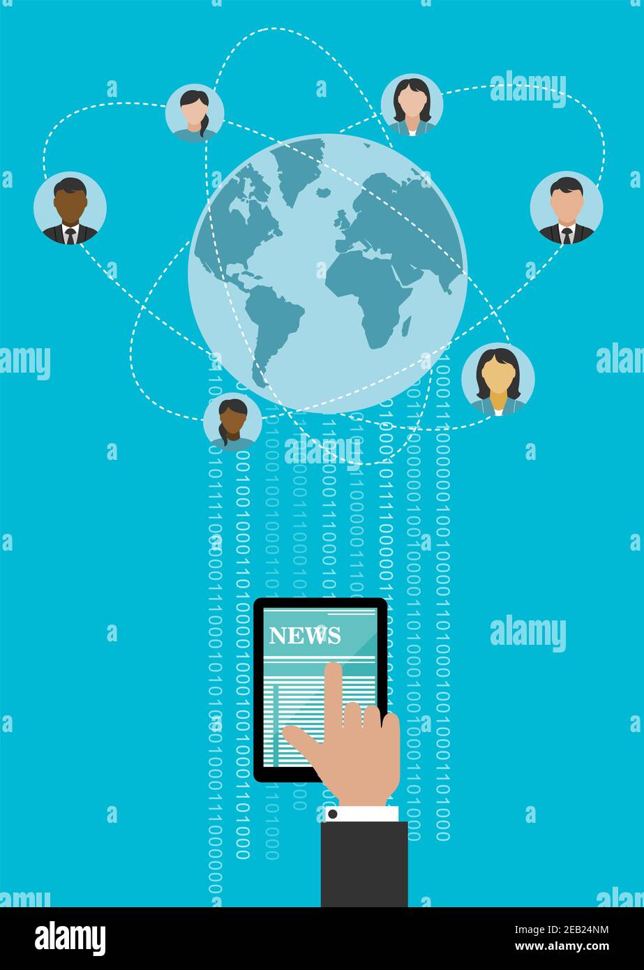 Concept de mise en réseau mondial créatif avec la main humaine à l'aide d'une tablette ordinateur permettant de connecter des personnes à travers le monde avec des chiffres binaires Illustration de Vecteur