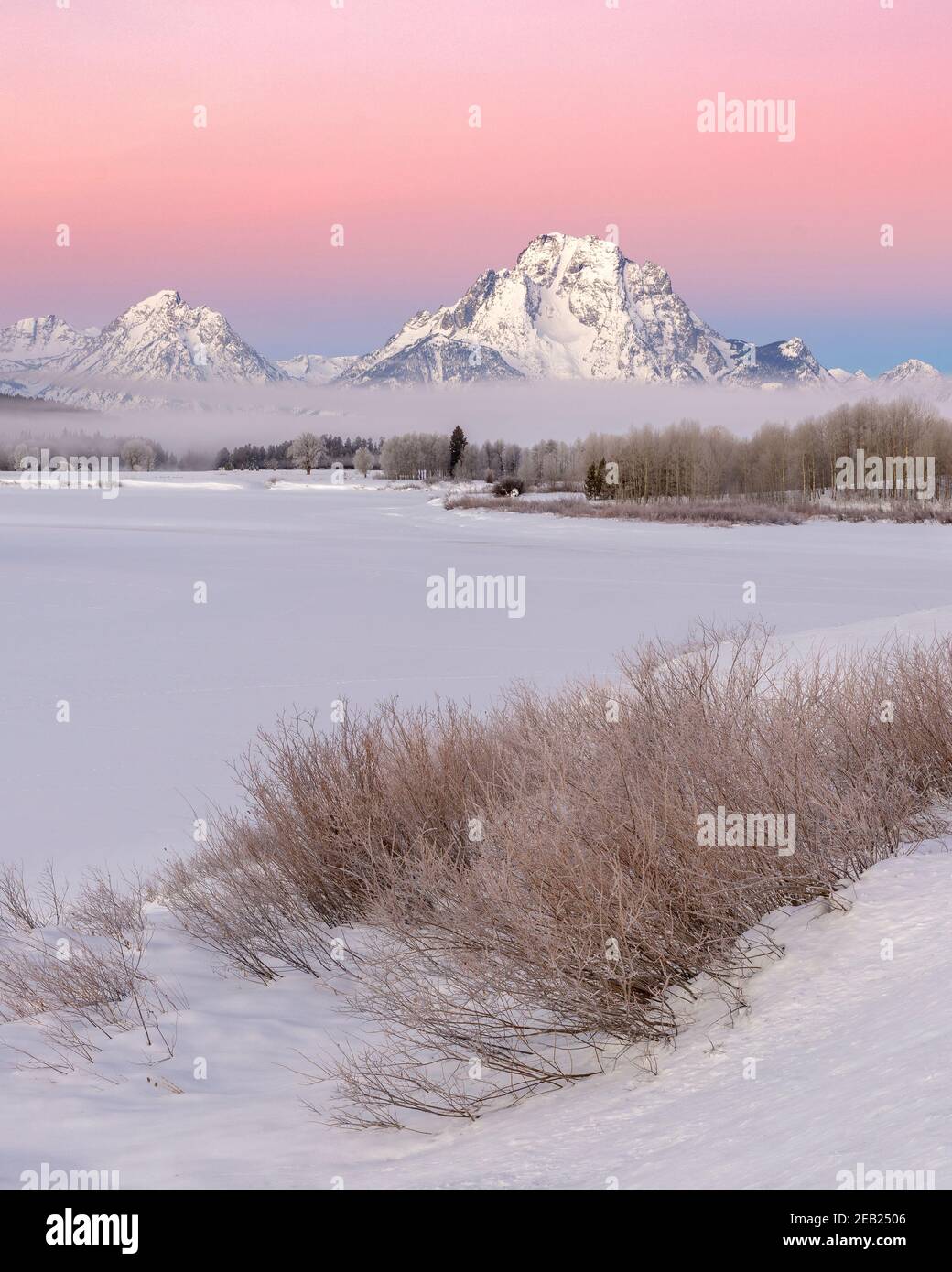 Parc national de Grand Teton, Wyoming : Mount Moran et Teton Range à l'aube avec un brouillard de basse altitude provenant de l'Oxbow de la rivière Snake en hiver Banque D'Images