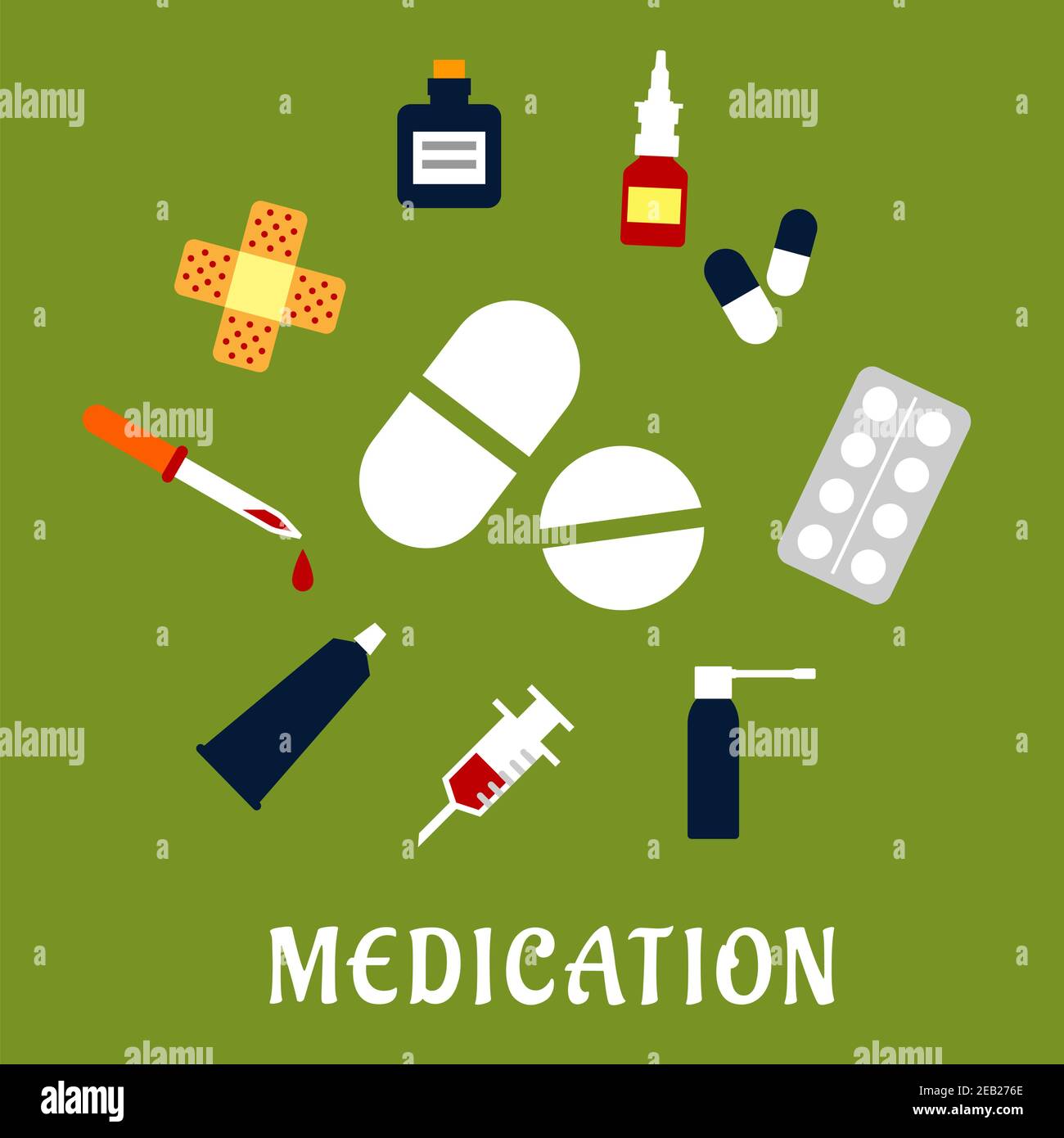 Concept de médicament plat avec les icônes de médicaments tels que les capsules et la plaquette de pilules, le nez et la gorge sprays, seringue, gouttes bouteille et compte-gouttes, Illustration de Vecteur