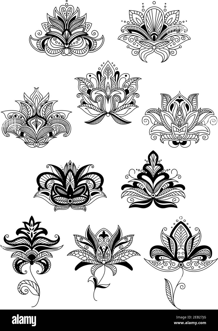 Éléments stylisés de motifs floraux indiens avec fleurs de cachemire noir et fleur luxuriante, décorés dans un décor ethnique. Isolé sur fond blanc Illustration de Vecteur