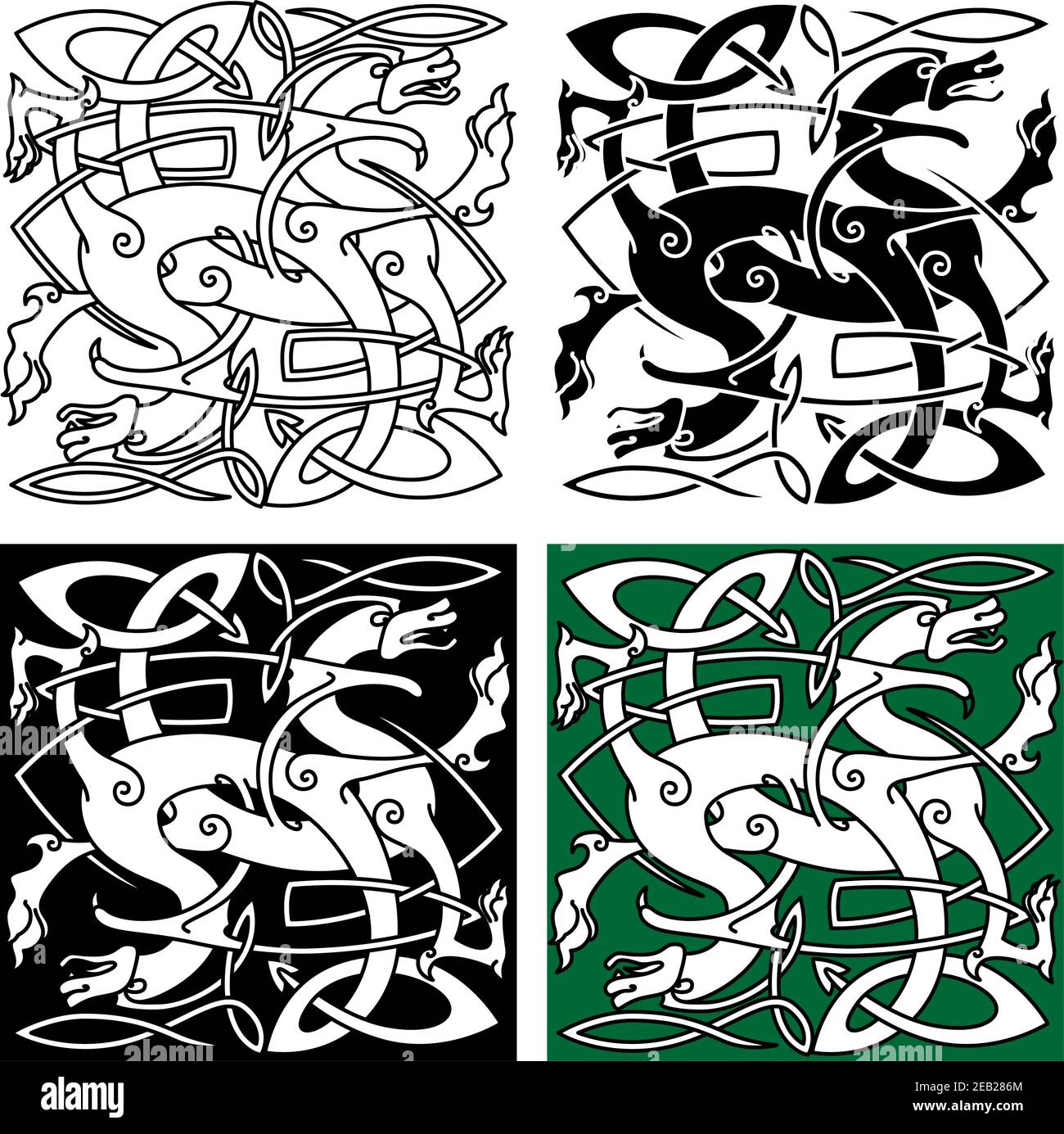Dragons tribaux stylisés avec corps à deux corps décorés d'entrelacement celtique traditionnel motif animal totémique ou tatouage Illustration de Vecteur