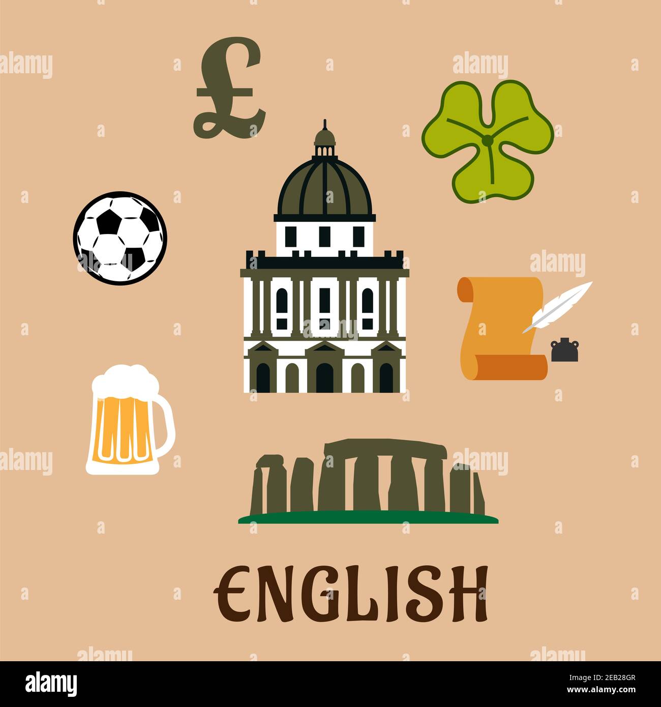Concept de voyage historique et culturel en Grande-Bretagne avec stonehenge, cathédrale St Paul, livre sterling, ballon de football, tasse à bière, défilez avec exploit Illustration de Vecteur