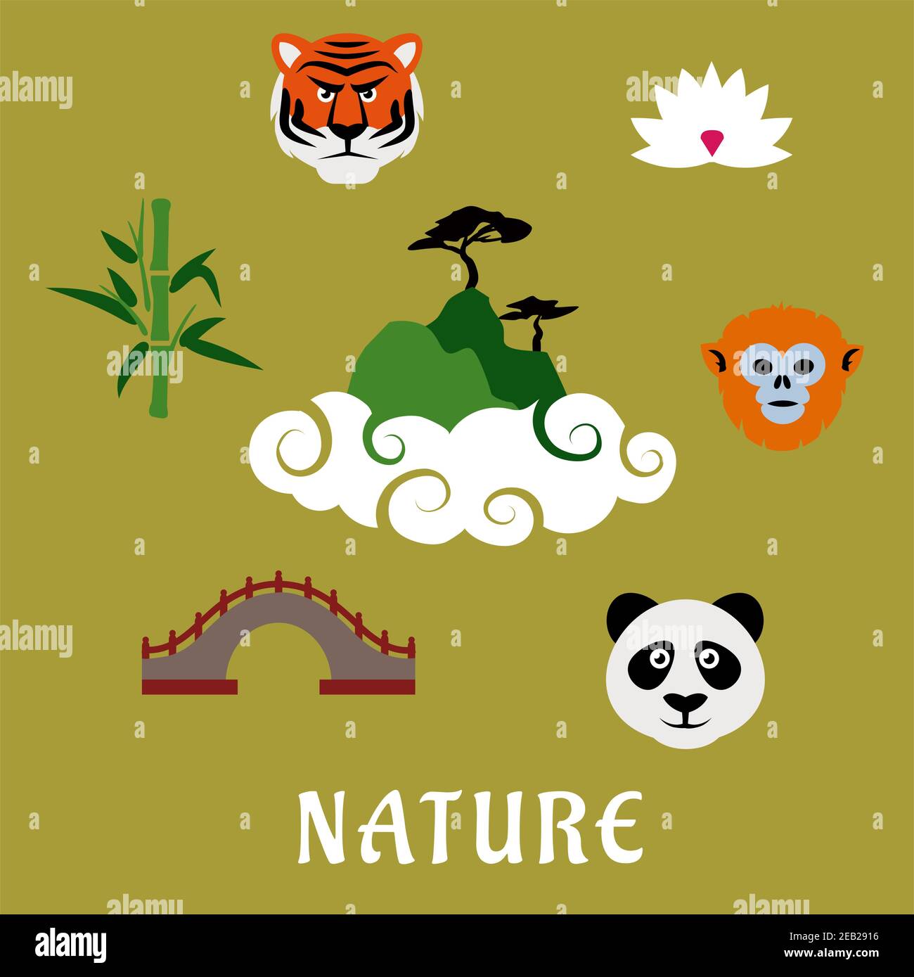 La nature et la faune de la Chine plate icônes de la montagne dans les nuages avec des pins, entouré de panda, tigre, singe snub doré, fleur de lotus, anci Illustration de Vecteur