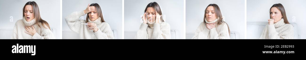 Jeune femme malade qui présente des symptômes d'infection, un essoufflement, de la fièvre, des maux de tête, des maux de gorge et de la toux. Covid 19 symptômes Banque D'Images