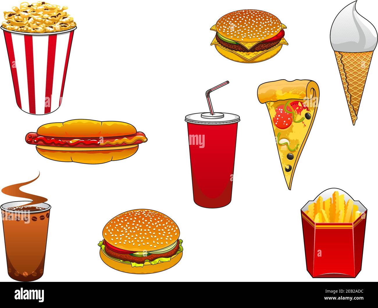 Oubliez les personnages de la bande dessinée avec des visages souriants représentant une tranche de pizza, des tasses en papier de café et de soda, des friteuses et des boîtes de pop-corn, un hot dog, Illustration de Vecteur