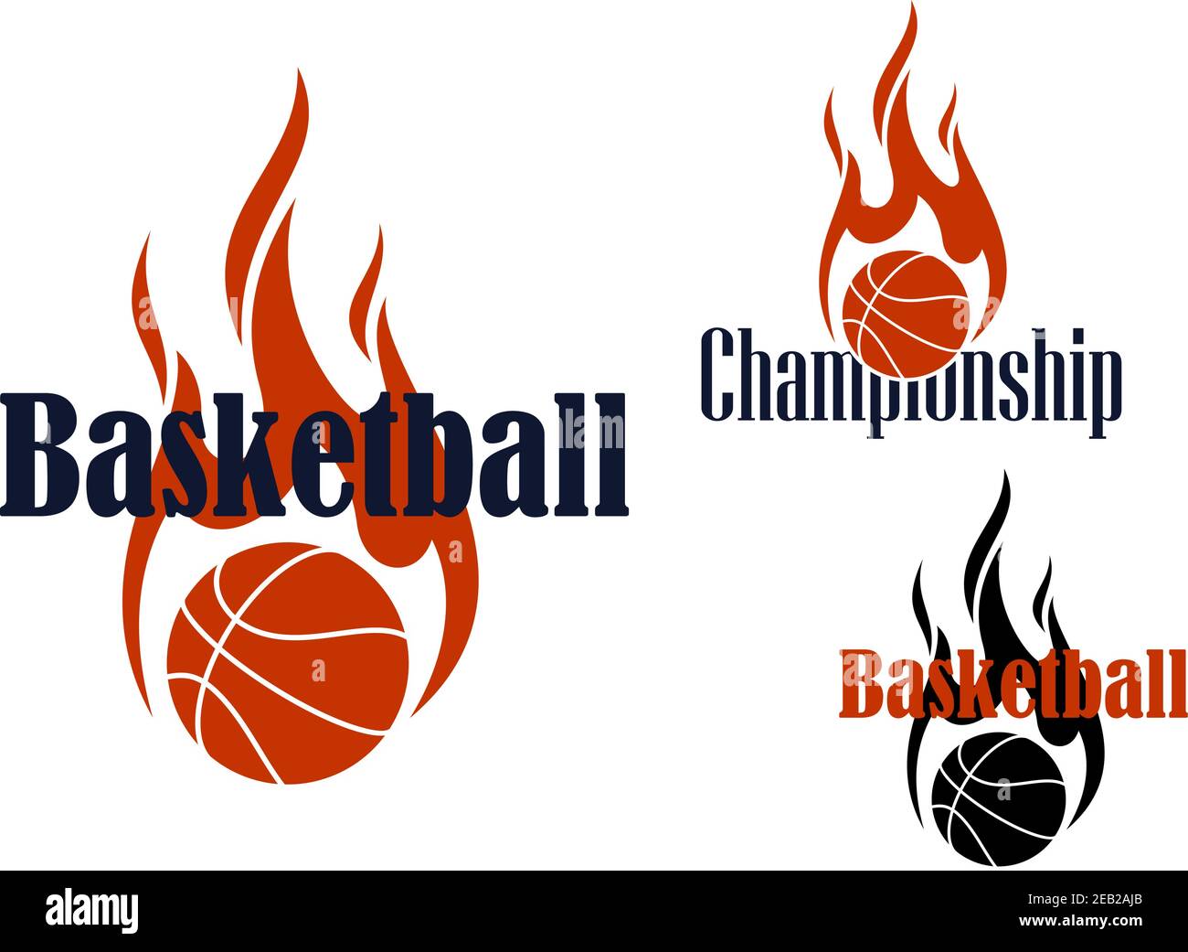 Emblèmes ou symboles de basket-ball avec des flamboyants noir et orange balles et flammes courbées de style tribal Illustration de Vecteur