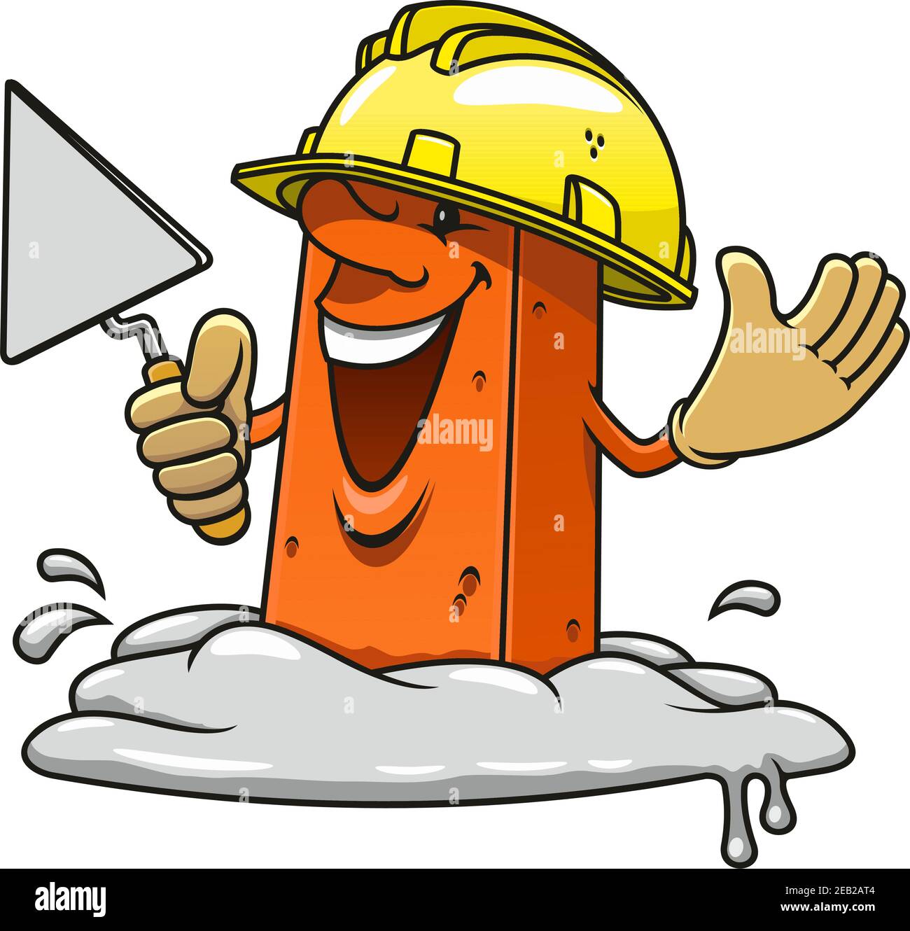 Dessin animé Happy Brick professionnel personnage de maçon avec truelle en  main portant un casque de construction jaune et des gants, debout dans le  mortier Image Vectorielle Stock - Alamy