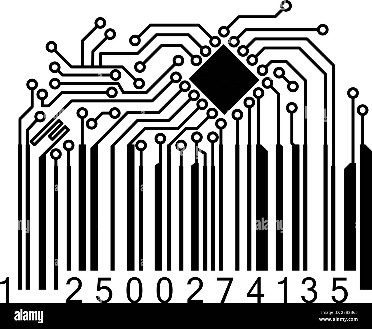 Code-barres avec éléments de disposition de carte de circuit imprimé et puce sur le dessus isolé sur fond blanc, pour la technologie informatique ou la conception de concept de vente au détail Illustration de Vecteur