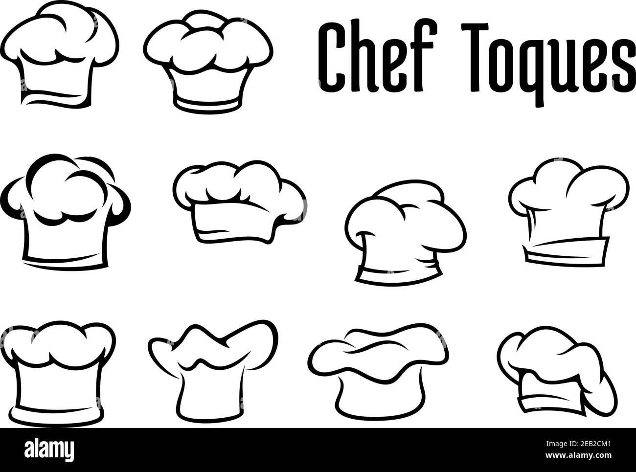 Toques, casquettes et chapeaux blancs de chef ou de boulanger dans un style de contour isolé sur fond blanc, pour un menu de café ou un concept de restaurant Illustration de Vecteur