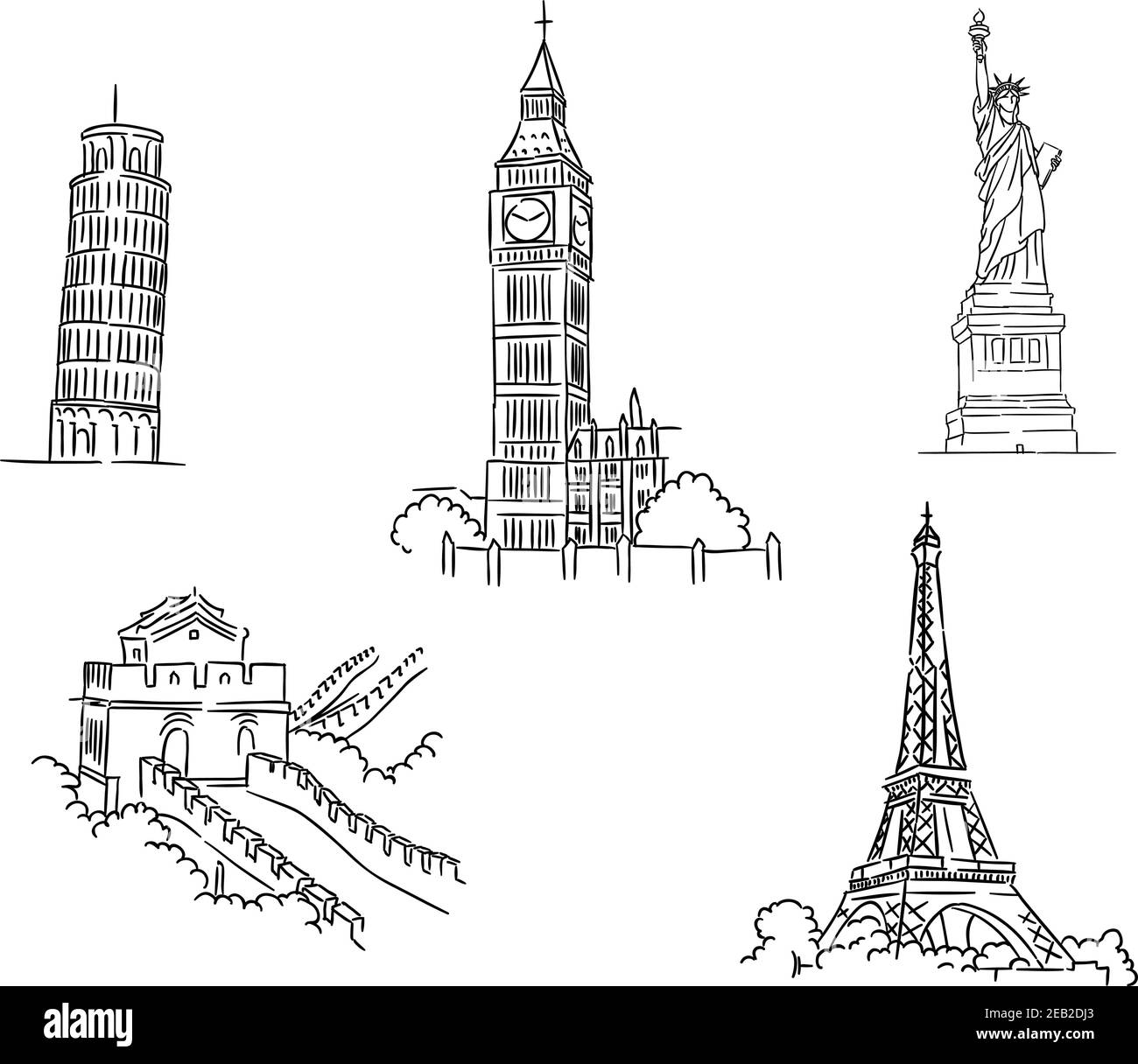 Croquis noir et blanc de célèbres sites du monde, dont la Tour de Pise, la Tour Eiffel, Big Ben, Liberty et la Grande Muraille Illustration de Vecteur