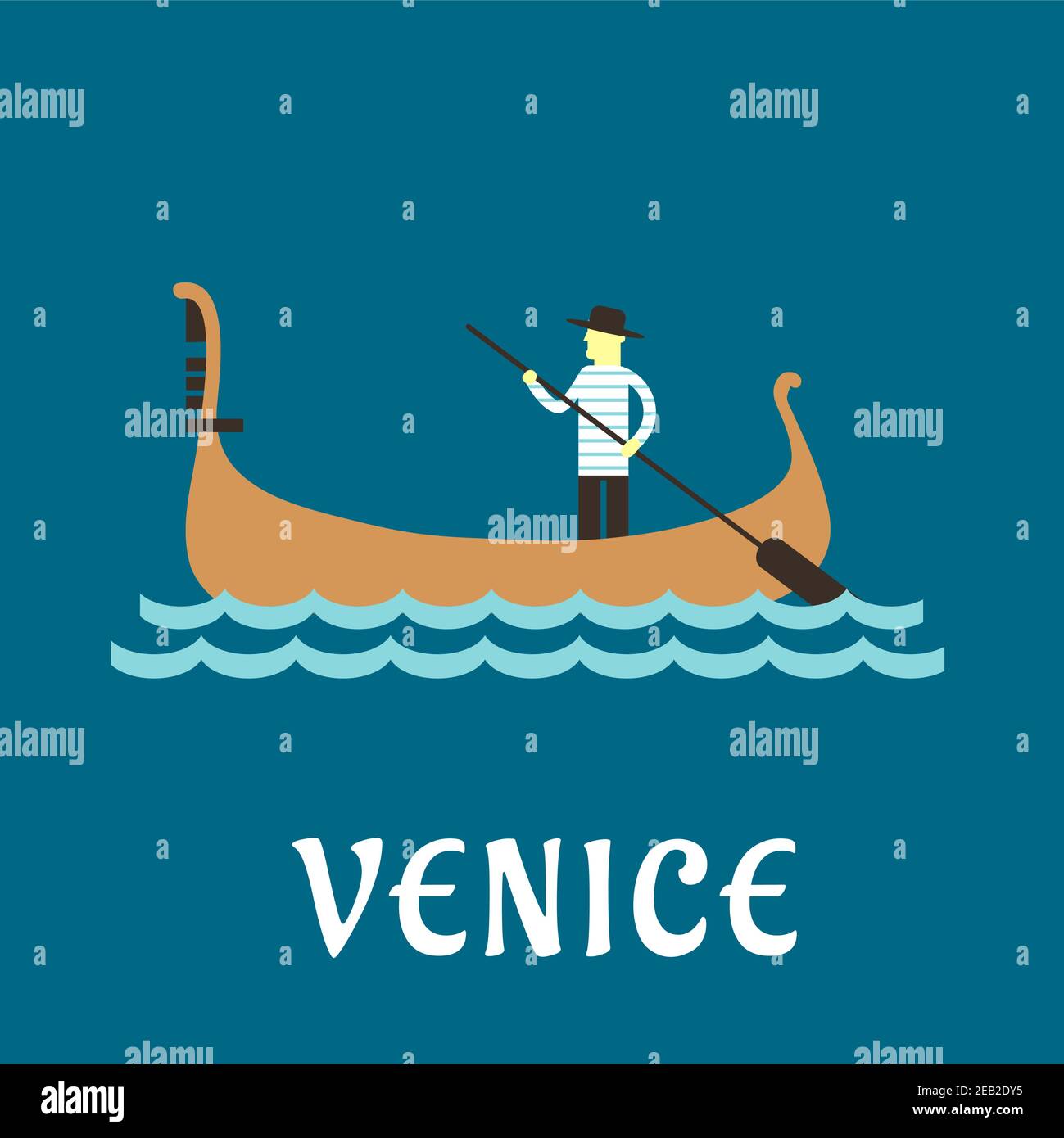 Venise concept de voyage avec gondolier vénitien en costume traditionnel, dans une gondole en bois avec paddle sur une rivière Illustration de Vecteur