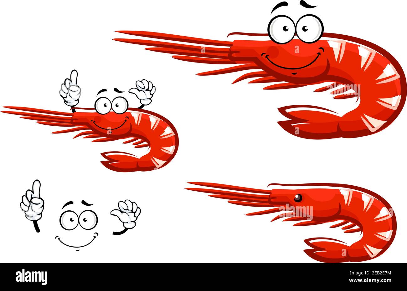 Petit personnage de dessin animé de crevettes rouges avec longues antennes et queue incurvée vers le haut, isolé sur blanc, pour la conception de menu de fruits de mer Illustration de Vecteur