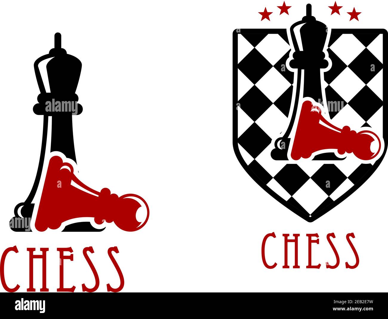 Motif icône de tournoi d'échecs avec reines noires sur rouge tombé pions avec échiquier ornés d'étoiles Illustration de Vecteur