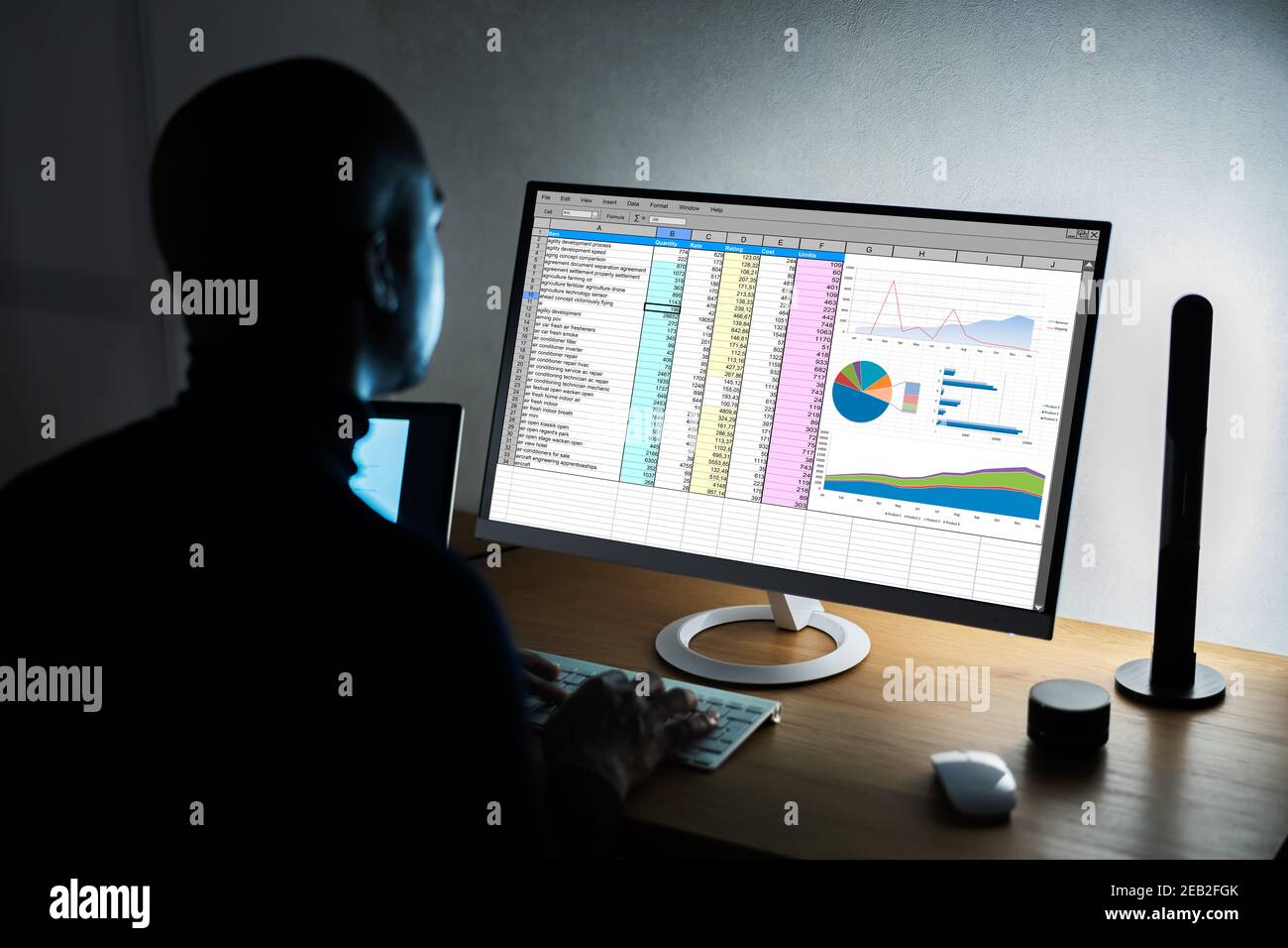 Employé analyste travaillant avec la feuille de calcul sur ordinateur Banque D'Images