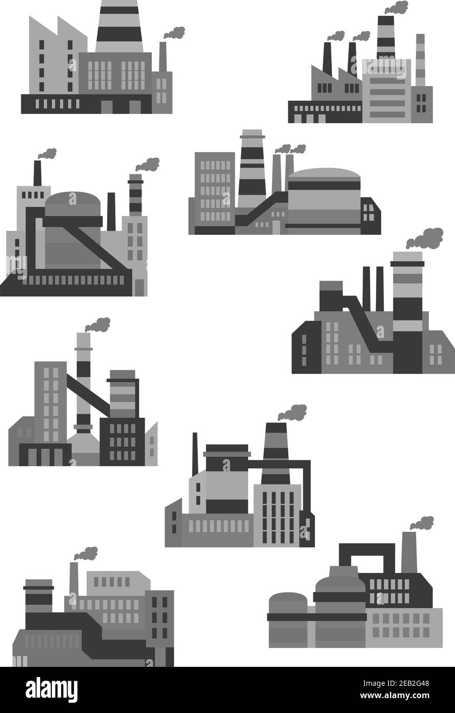 Les icônes des usines et des usines industrielles plates sont composées de bâtiments, de machines et de cheminées à fumer Illustration de Vecteur