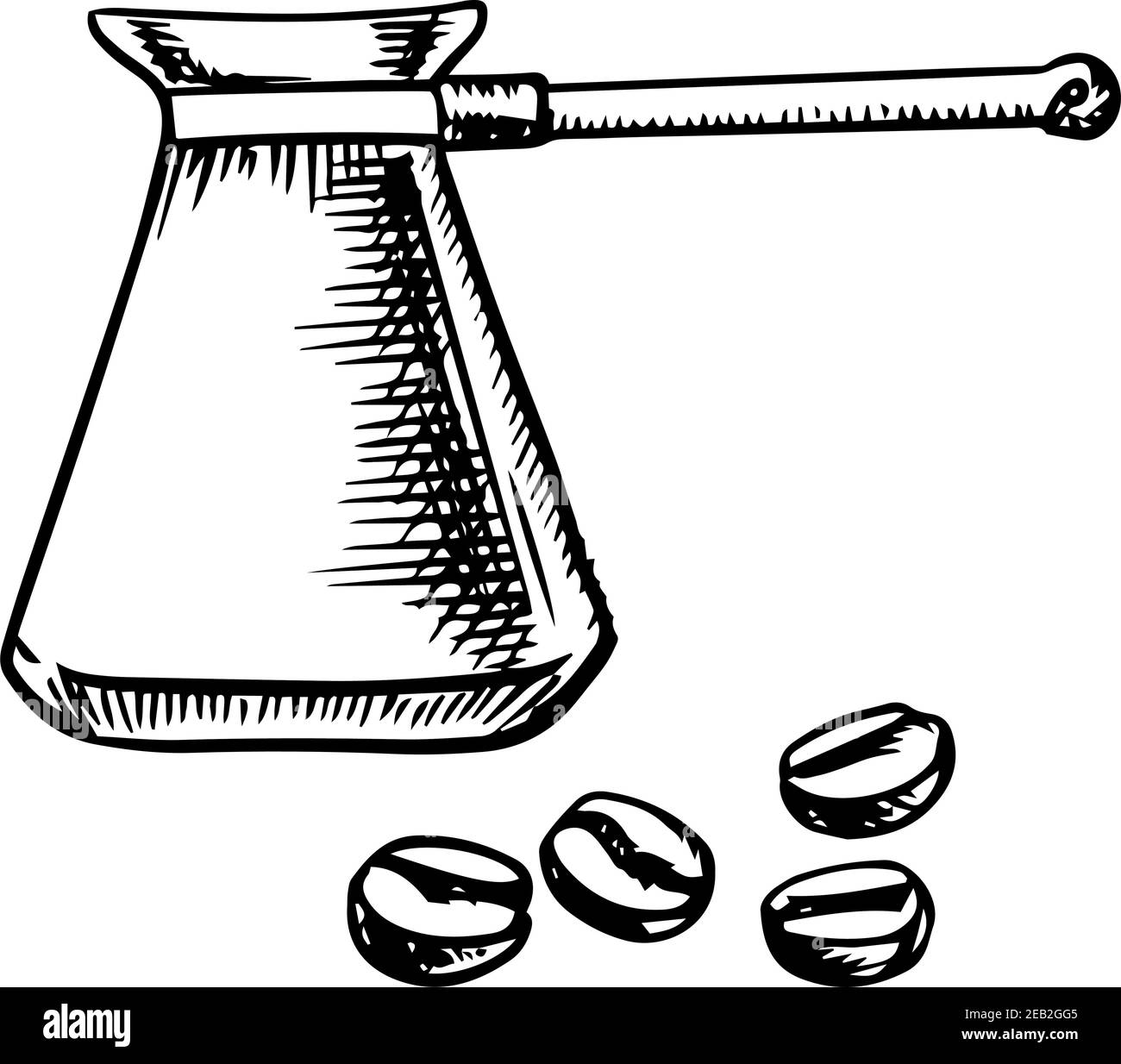 Cafetière à longue poignée avec grains de café grillés isolés sur fond blanc, style croquis Illustration de Vecteur