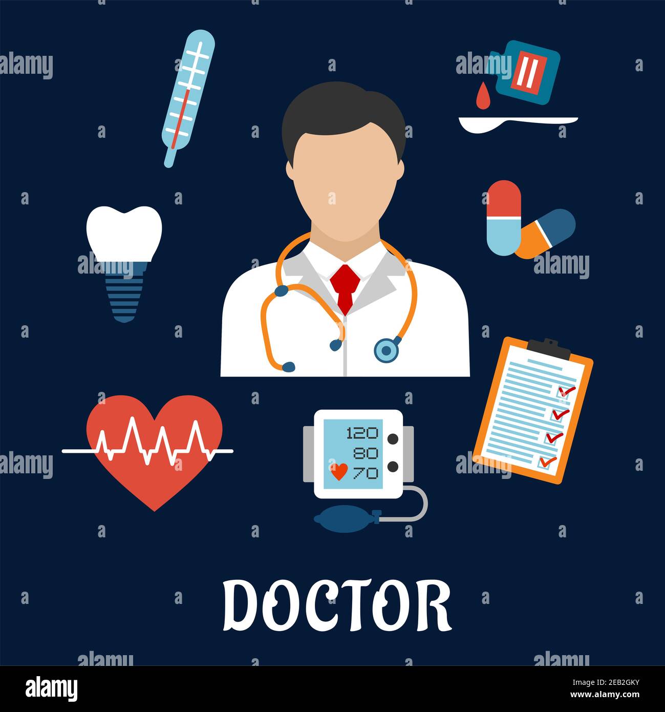 Icônes médicales plates avec un médecin entouré par un thermomètre, une dent, des pilules, des médicaments, un graphique, un battement de coeur et un ECG sur fond bleu Illustration de Vecteur
