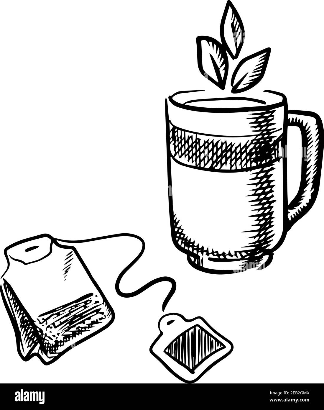 Tasse de thé noir, vert ou à base de plantes avec feuilles et teabag, isolée sur fond blanc. Style d'esquisse Illustration de Vecteur