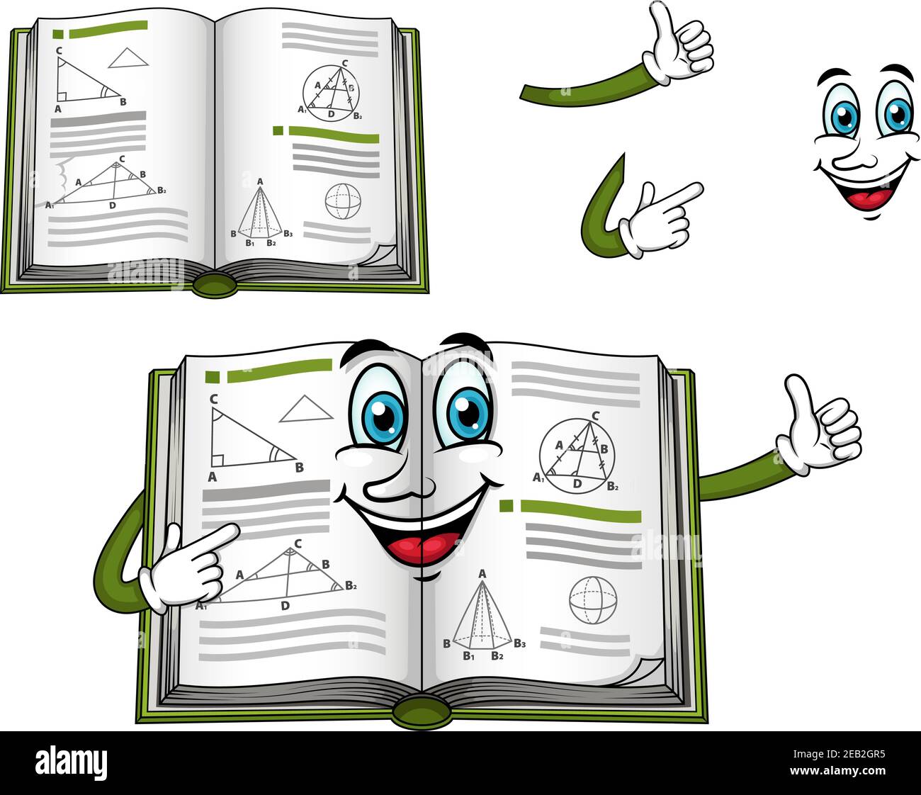 Le personnage de dessin animé manuel à géométrie joyeuse avec une couverture verte montre le pouce vers le haut, pour la conception d'éducation Illustration de Vecteur