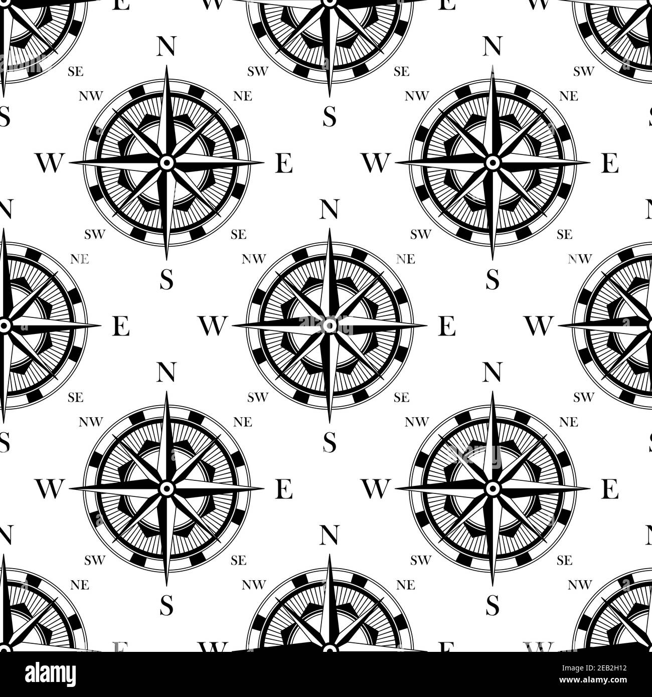 Compas de navigation nautique noir et blanc fond de motif sans couture avec rose compas vintage, pour un design de voyage Illustration de Vecteur