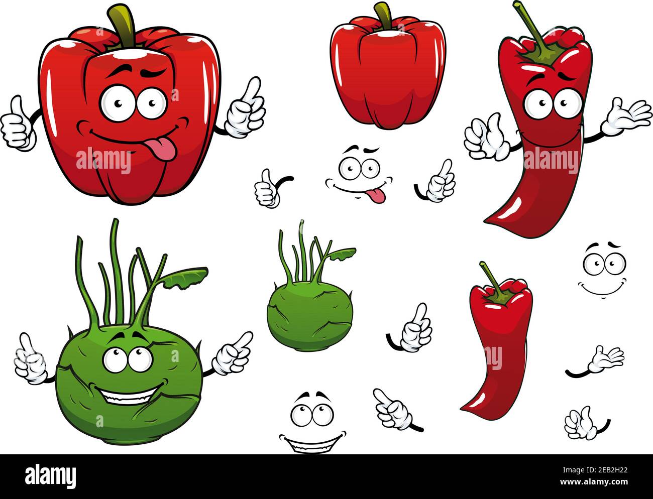 Chou kohlrabi frais et sain, piment rouge et poivron rouge, légumes personnages de dessin animé avec des visages souriants heureux, pour l'agriculture ou la nourriture végétarienne d Illustration de Vecteur