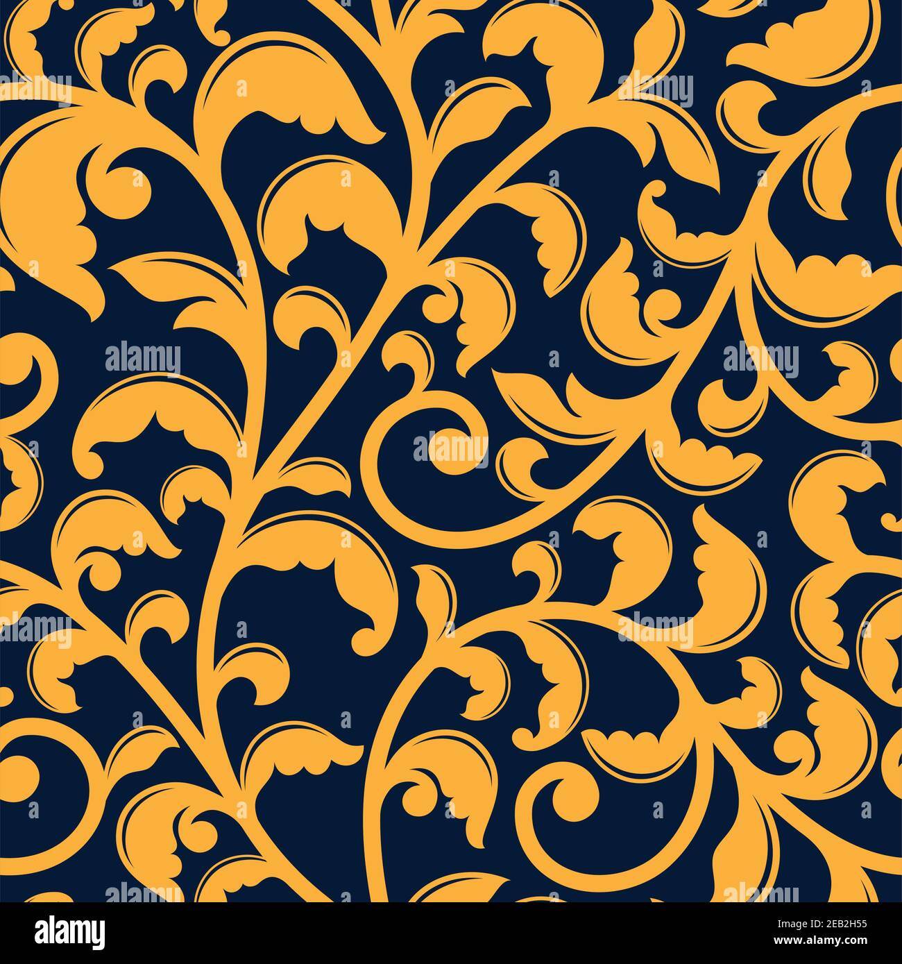 Motif floral jaune sans couture avec branches courbettes torsadées sur fond bleu, pour un papier peint de luxe ou un motif en tissu Illustration de Vecteur