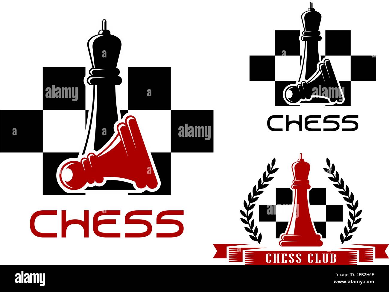 Icônes du club d'échecs avec une reine noire debout sur un pion tombé et une reine rouge décorée de couronne et de ruban sur la bannière arrière-plan à carreaux Illustration de Vecteur