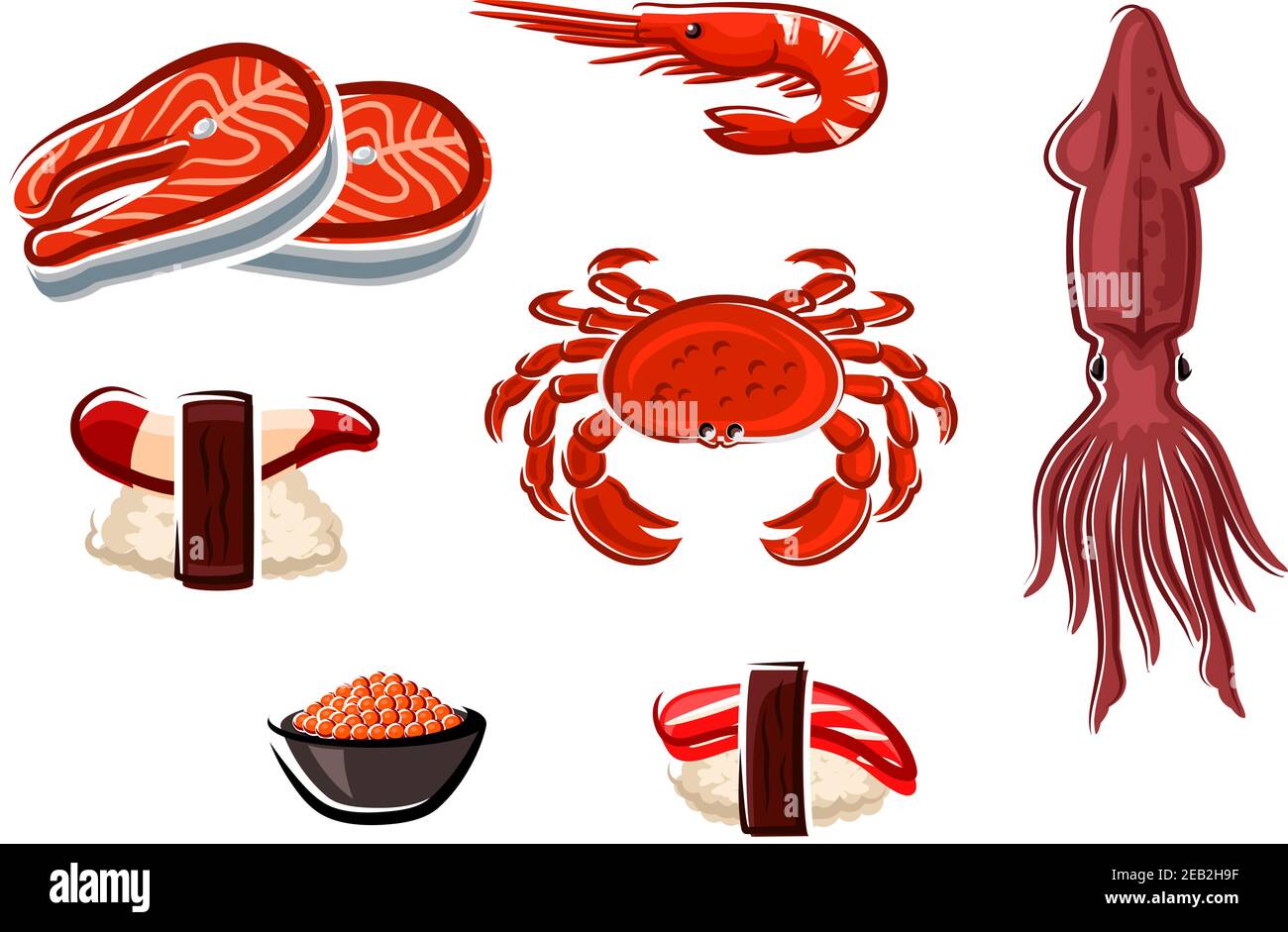 Steaks de saumon frais, crabe, calmar, crevettes et caviar rouge salé cuit, sushi nigiri avec palourdes et thon, pour la conception de menu de fruits de mer Illustration de Vecteur